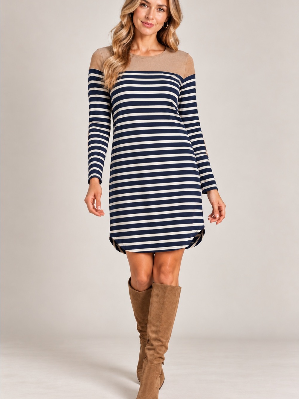 Monteau Navy and Cream Striped Long Sleeve Shift Dress with Tan Yoke 97% cotton